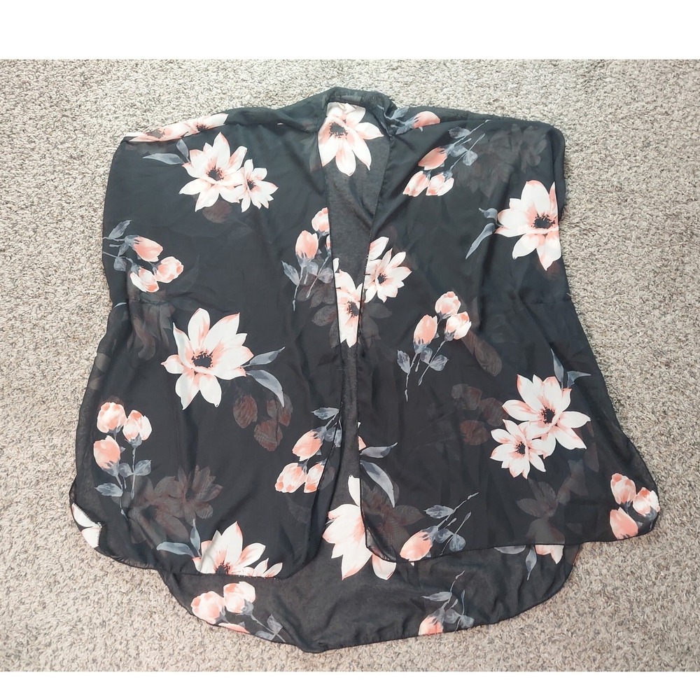 Emory Park Floral Kimono Wrap Large Black Women Boho Sheer Chiffon Open Front